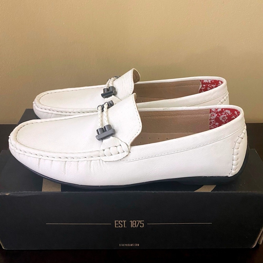 Stacy Adams Mens White Leather Driving Loafers Braided Strap Moc Toe Shoes